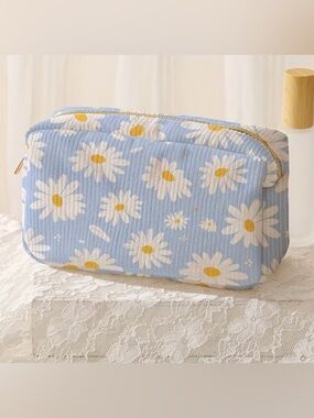 NEW Blue Daisy Corduroy Makeup Bag Floral Cosmetic Pouch Travel Organizer Zip